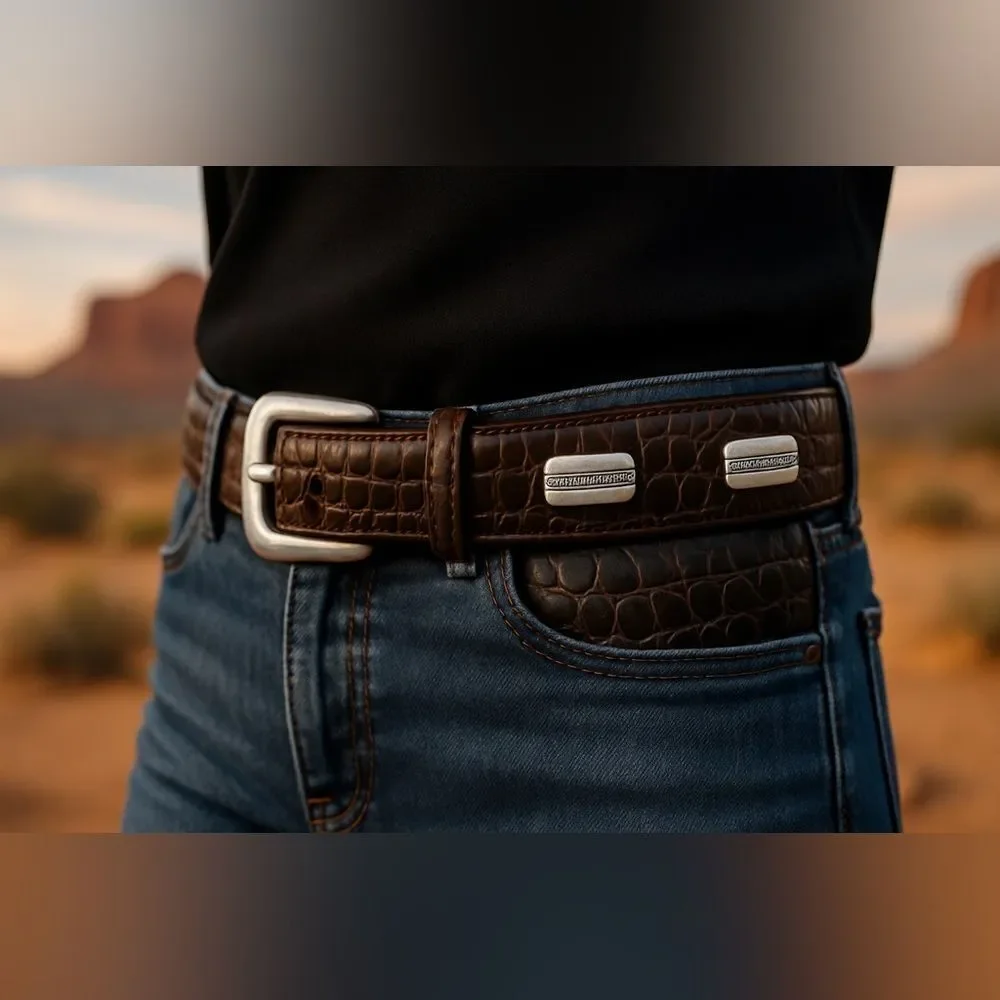 Brown Crocodile Embossed Belt with Silver Buckle